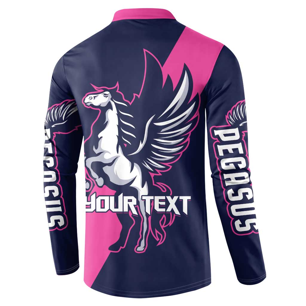 Navy and pink pegasus button sweatshirt with back pegasus graphic and Your Text