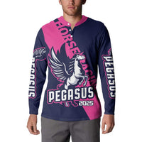 Navy and pink pegasus button sweatshirt on model, front 2025 pegasus graphic