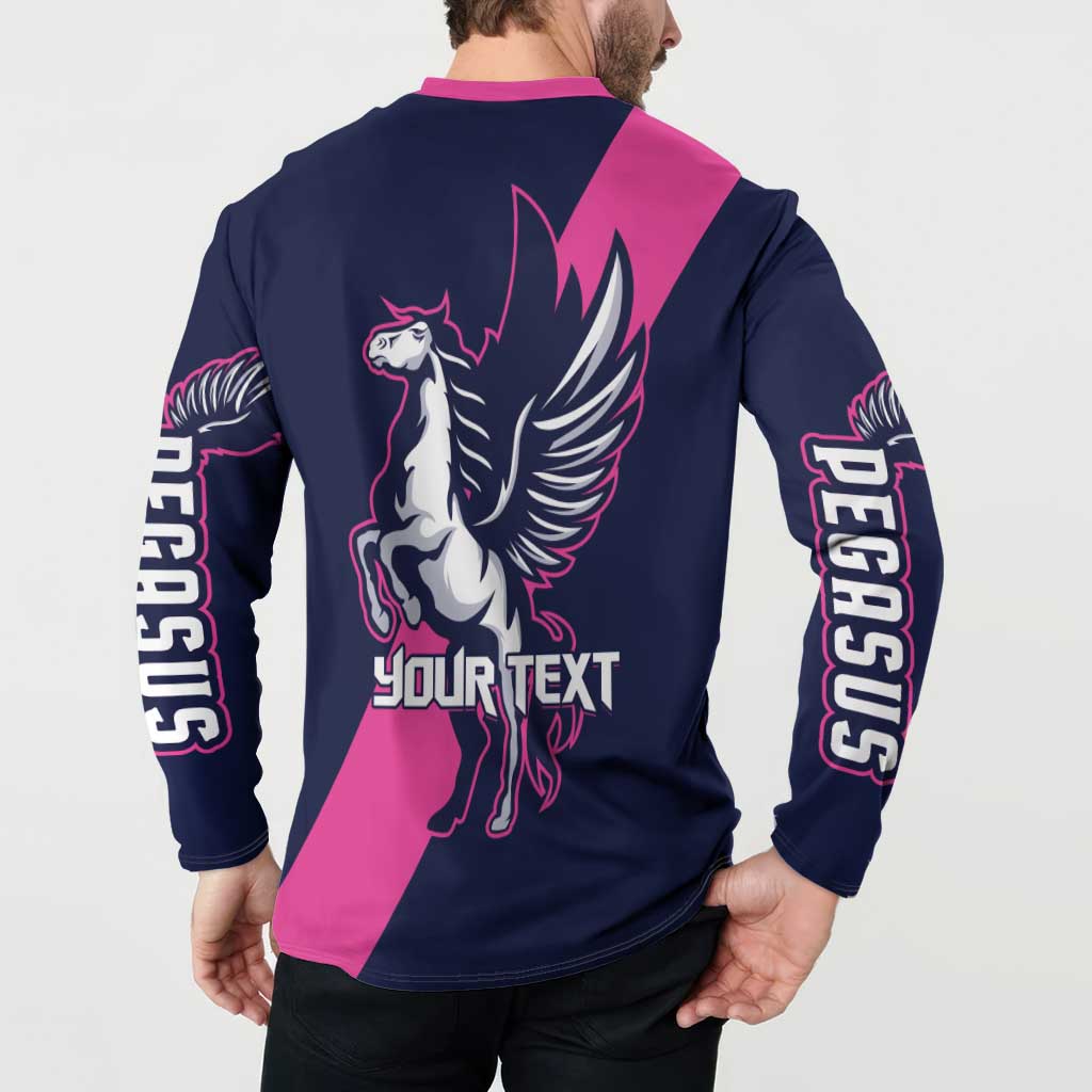 Navy and pink pegasus button sweatshirt on model, back pegasus and Your Text
