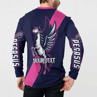 Navy and pink pegasus button sweatshirt on model, back pegasus and Your Text