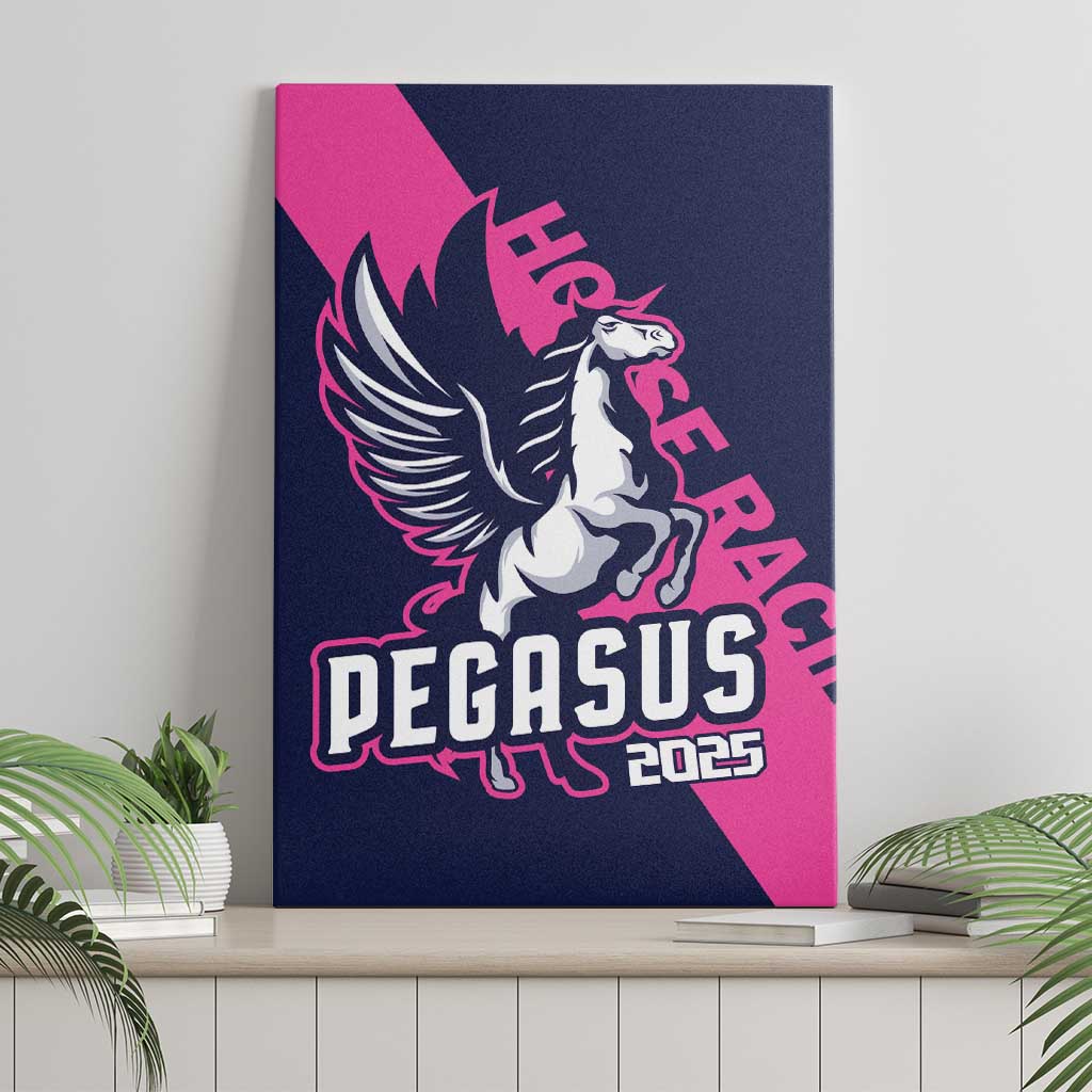 Pegasus canvas wall art featuring a dark blue and pink Pegasus logo with 2025 text