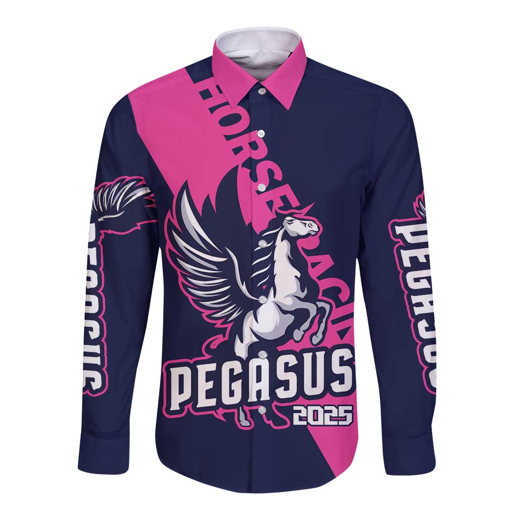Pink and navy long-sleeve button shirt with front pegasus horse racing graphic