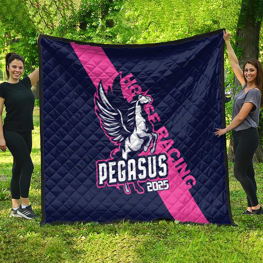 Navy and pink quilt with Pegasus 2025 emblem and diagonal pink stripe.
