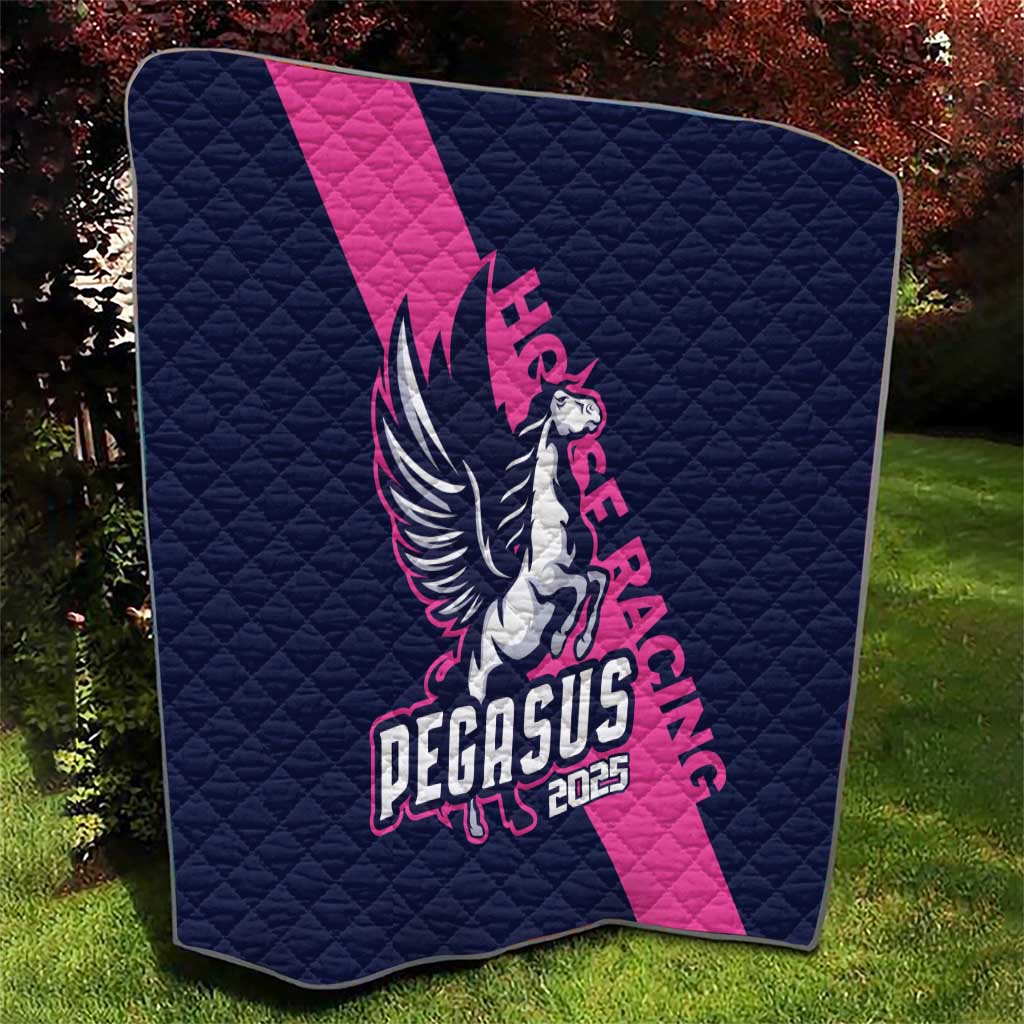 Navy and pink Pegasus 2025 quilt with quilted texture and diagonal pink stripe.