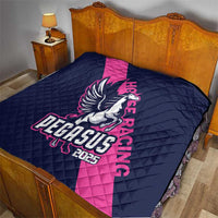 Navy quilt with Pegasus 2025 graphic and pink diagonal stripe, diamond stitching.