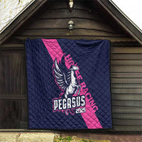 Navy and pink quilt featuring Pegasus 2025 logo in quilted diamond pattern.