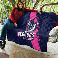 Navy and pink quilt blanket with Pegasus 2025 emblem, quilted diamond weave.