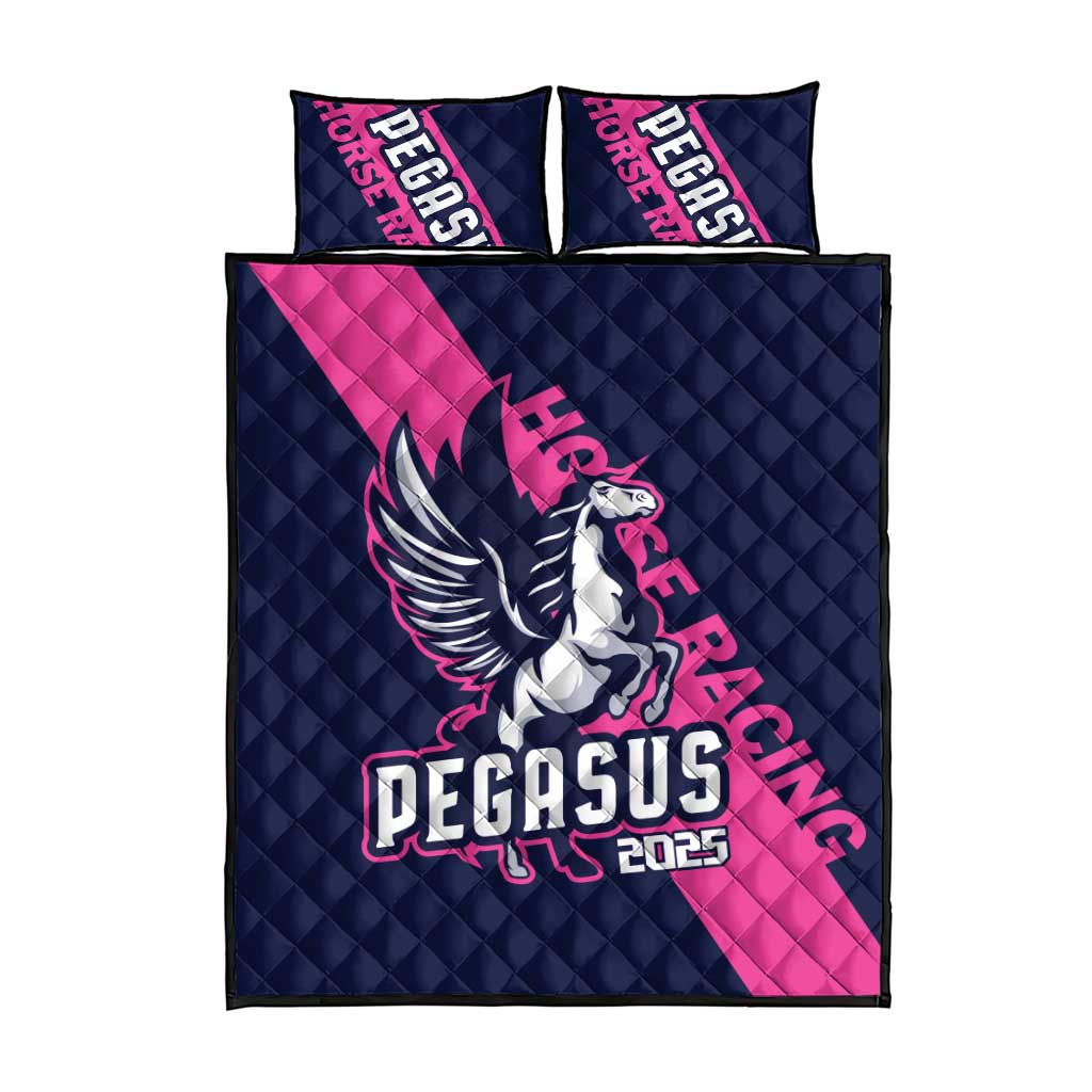 Navy quilt bed set with pegasus logo, pink diagonal stripe, and two pillow shams