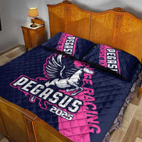 Pegasus quilt bed set in navy with pink accents, three-piece look with pillow shams