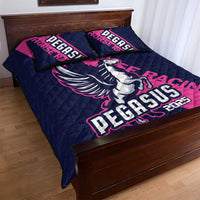 Navy and pink pegasus quilt bed set with two pillow shams, bold 2025 logo