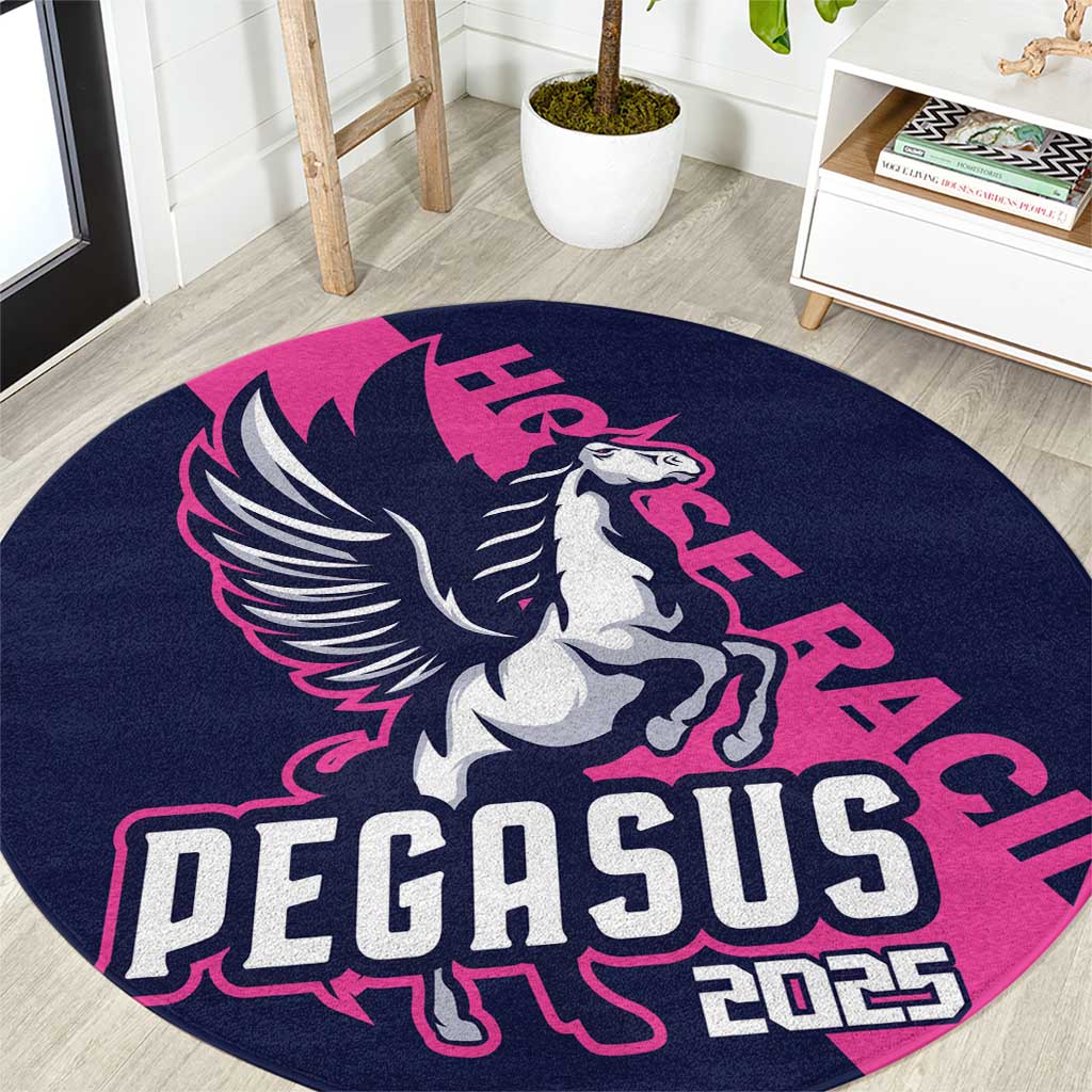 Round navy carpet rug with Pegasus and PEGASUS 2025 text in pink and white
