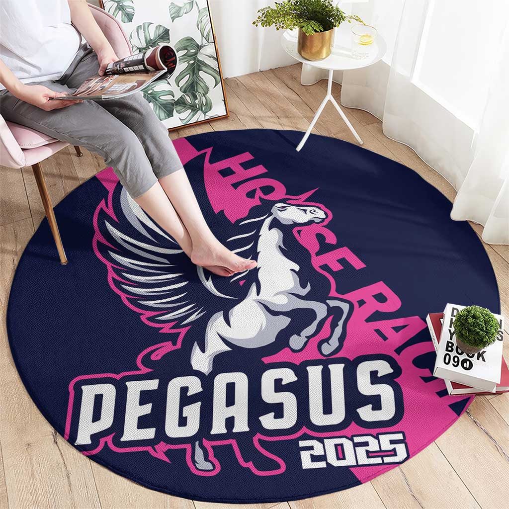 Round navy rug featuring centered Pegasus graphic and PEGASUS 2025 lettering