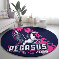 Round navy carpet rug with large Pegasus illustration and PEGASUS 2025 text