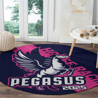 Round navy rug with Pegasus emblem and PEGASUS 2025 text across the center