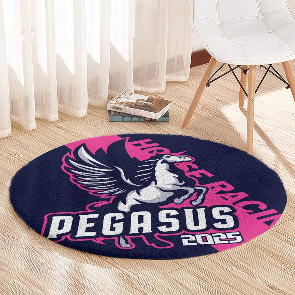 Round navy carpet with Pegasus illustration and PEGASUS 2025 lettering in pink