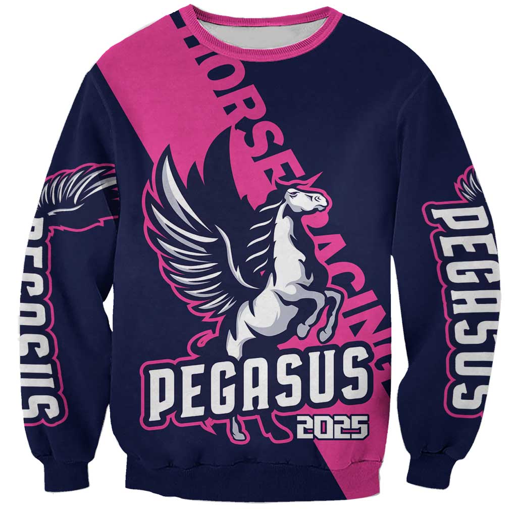 Unisex navy and pink pegasus 2025 racing sweatshirt with graphic text