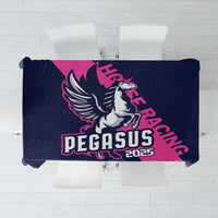 Navy tablecloth with Pegasus horse racing 2025 logo and pink diagonal stripe