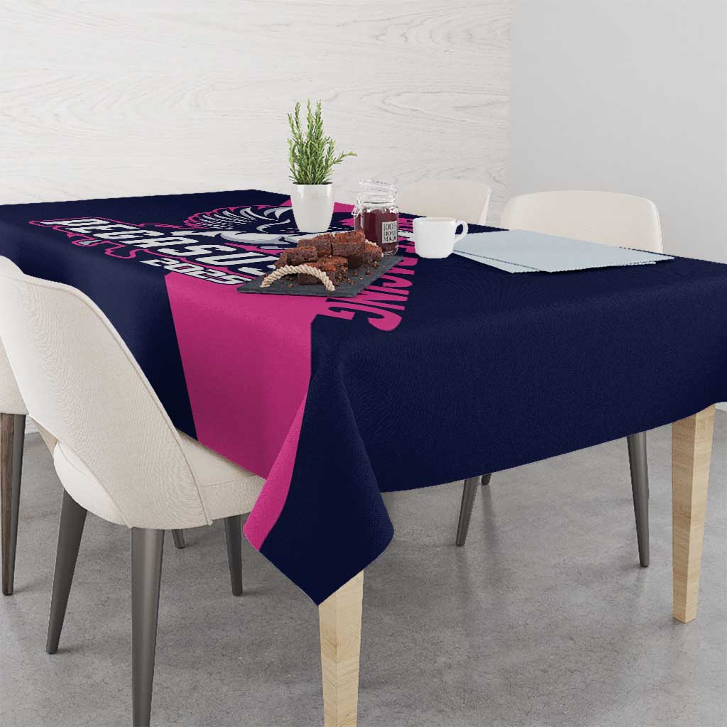 Navy and pink Pegasus horse racing tablecloth on rectangular dining table