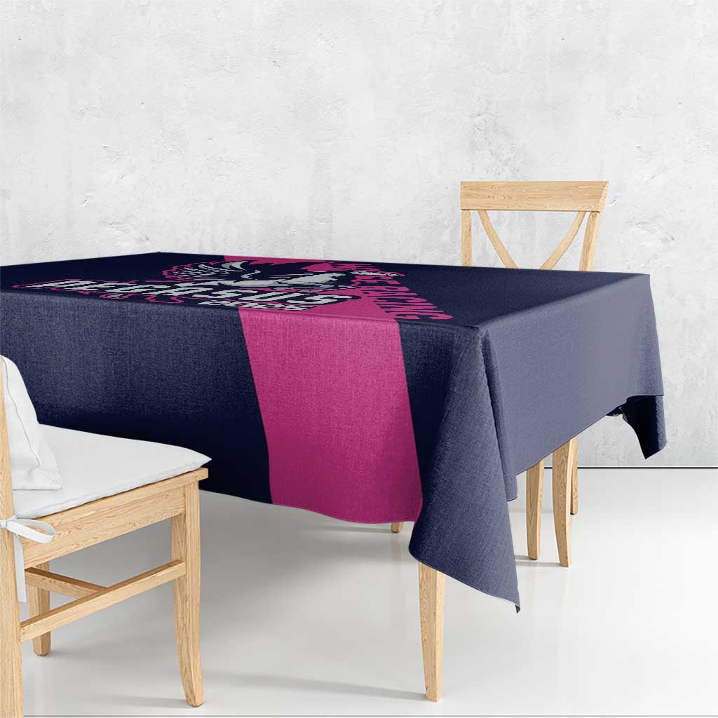 Navy and pink Pegasus horse racing tablecloth with corner logo on end table