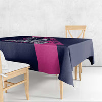 Navy and pink Pegasus horse racing tablecloth with corner logo on end table