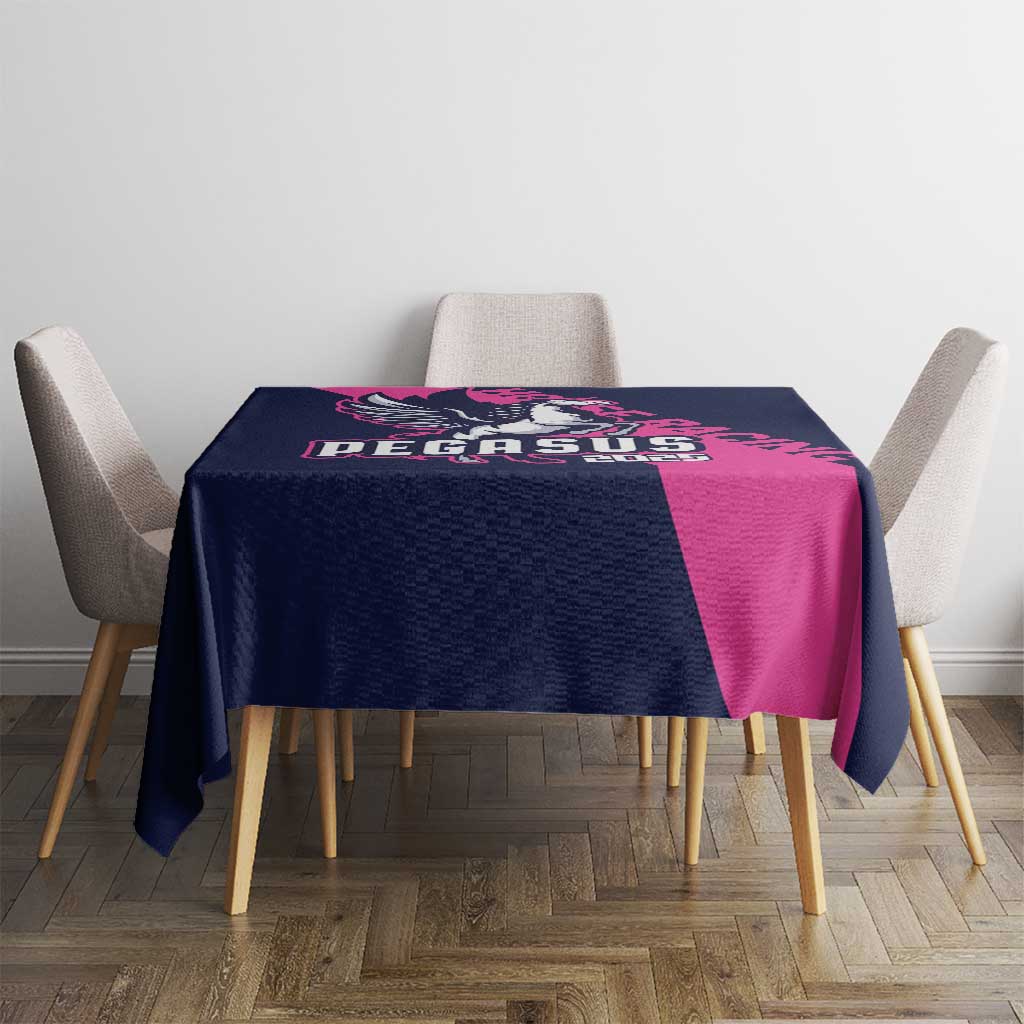 Navy tablecloth with Pegasus horse racing 2025 logo and pink center stripe