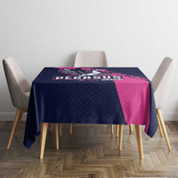 Navy tablecloth with Pegasus horse racing 2025 logo and pink center stripe