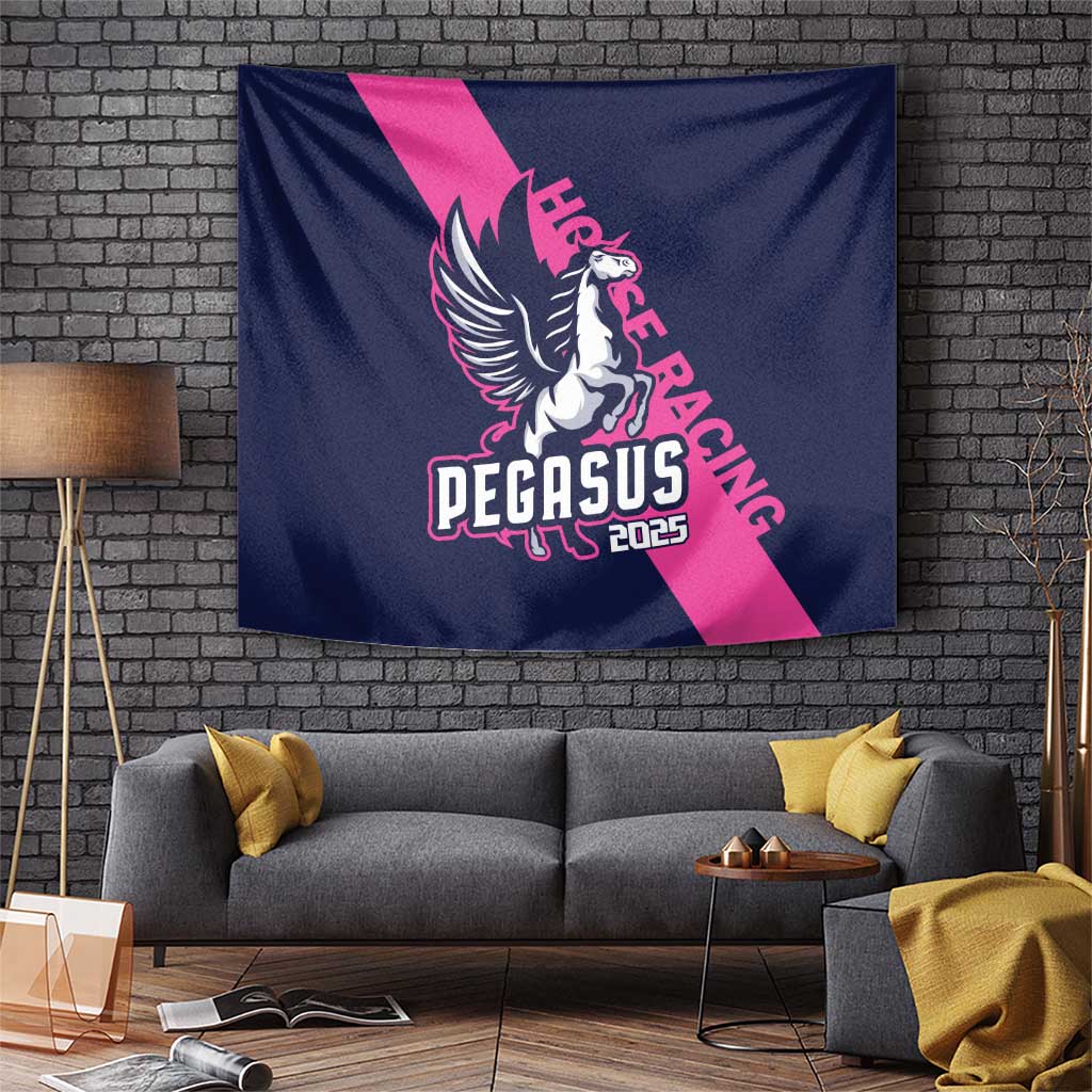 Navy and pink Pegasus horse racing tapestry with winged horse graphic and 2025 logo