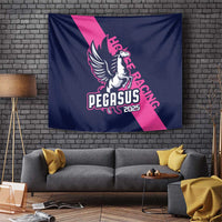 Navy and pink Pegasus horse racing tapestry with winged horse graphic and 2025 logo