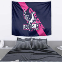 Hanging navy and pink Pegasus horse racing tapestry with winged horse emblem and 2025