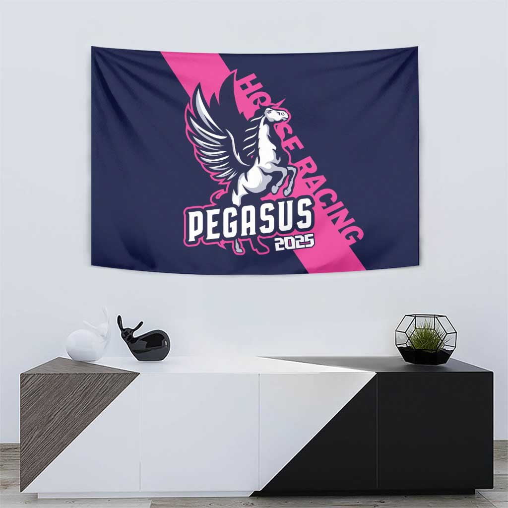 Navy Pegasus horse racing tapestry with diagonal pink stripe, winged horse logo, 2025