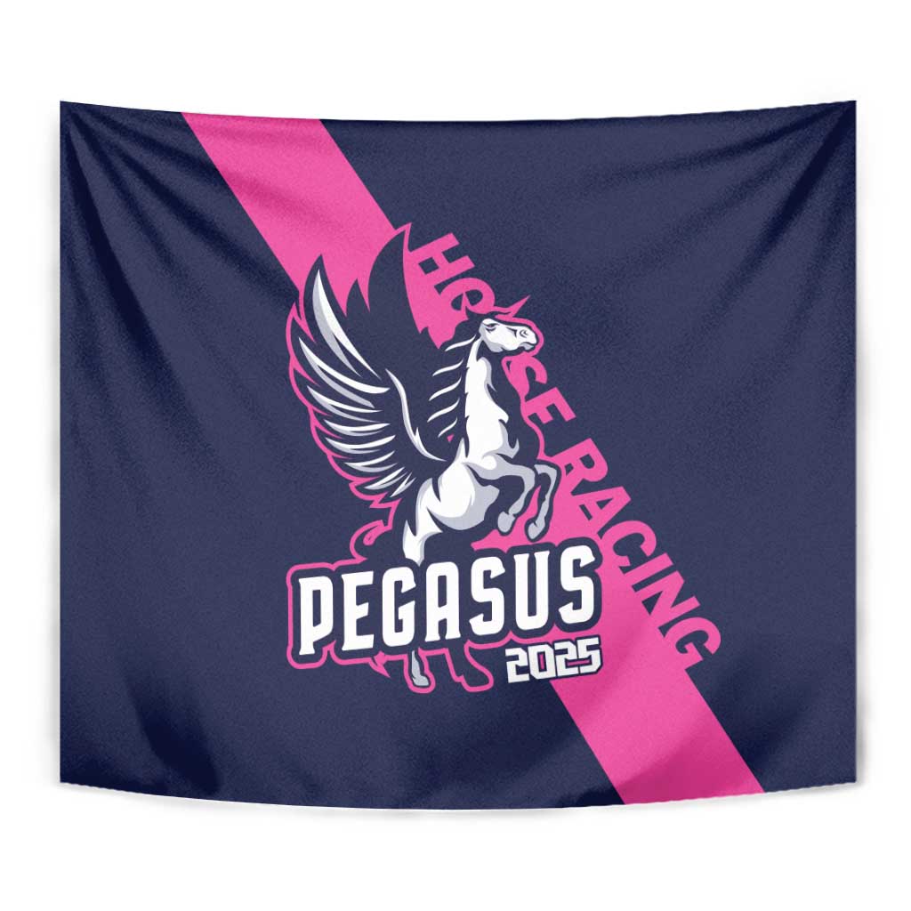 Close-up navy and pink Pegasus horse racing tapestry with winged horse emblem and 2025