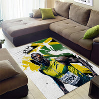 Jamaica-themed area rug, white ground with green/yellow splash design and athlete portrait
