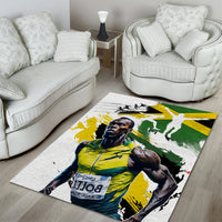 Jamaica-themed area rug, white base with green and yellow flag splatter and sprinting portrait