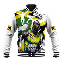 White unisex baseball jacket with green-yellow athlete graphic, snap front, ribbed cuffs.