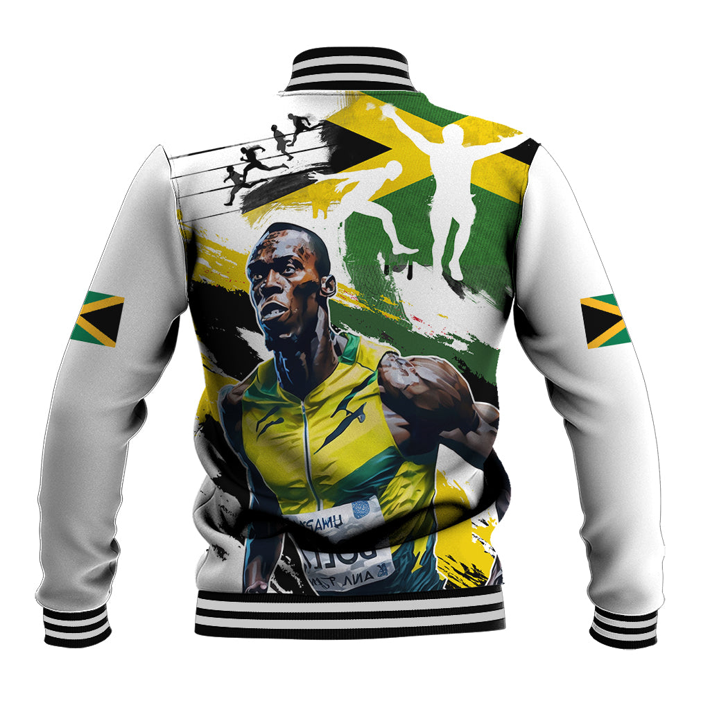 White unisex baseball jacket with Jamaica flag sports graphic, ribbed collar and cuffs.