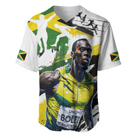 White baseball jersey with green and yellow athletic print and black graphic portrait