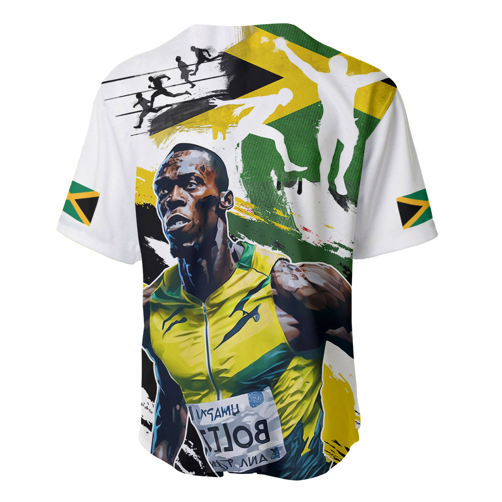 White baseball jersey with green-and-yellow flag-style print, black sports silhouettes
