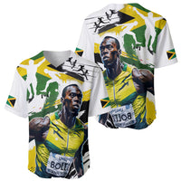 White baseball jersey set, two angles, green-yellow flag graphic with athletic portrait