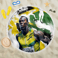 Round white beach blanket, fringed edge, bold green/yellow graphic portrait of Usain Bolt