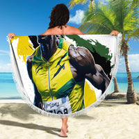 Round white beach blanket with fringe border, large Usain Bolt graphic in green/yellow