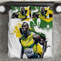 White bedding set with green and yellow athlete graphic on duvet and matching pillow