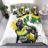 White duvet with green and yellow athlete print, two matching pillows