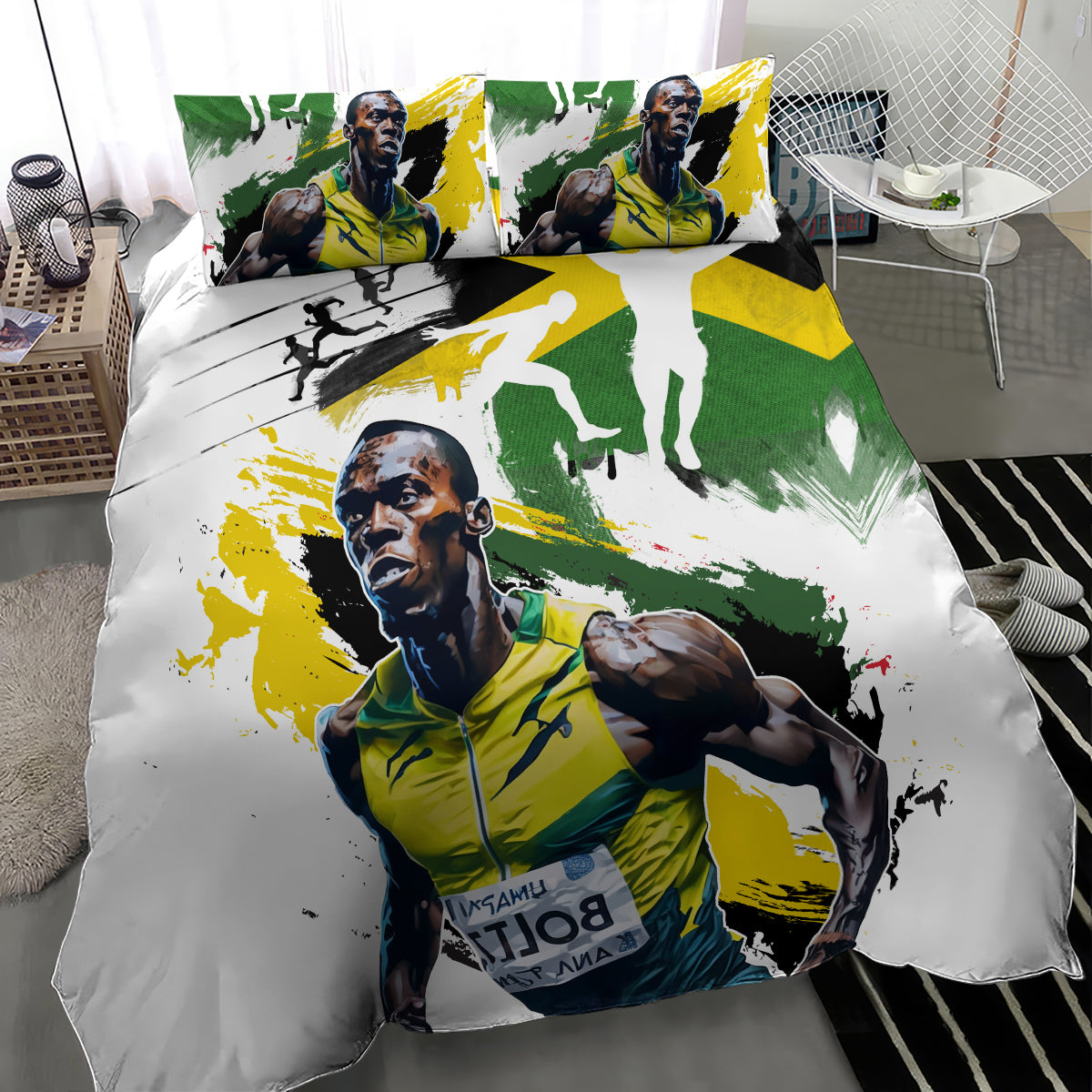 White duvet with green and yellow athlete print, two matching square pillows