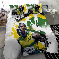 White duvet with green and yellow athlete print, two matching square pillows