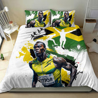 White bedding set featuring green and yellow athlete artwork on duvet and pillows