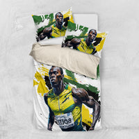 White duvet cover and two pillows with green, yellow, and athlete graphic