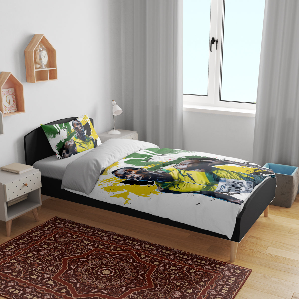 White bedding set with green and yellow athlete design on duvet and pillow