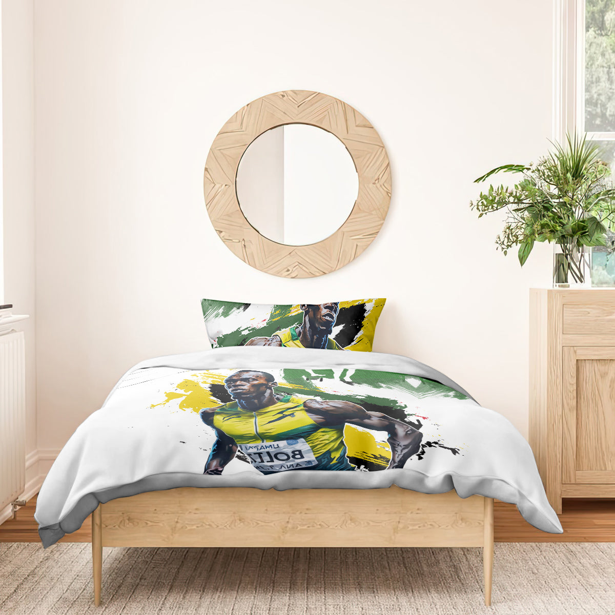 White comforter and pillow set with green and yellow athlete graphic