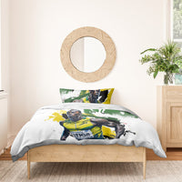 White comforter and pillow set with green and yellow athlete graphic