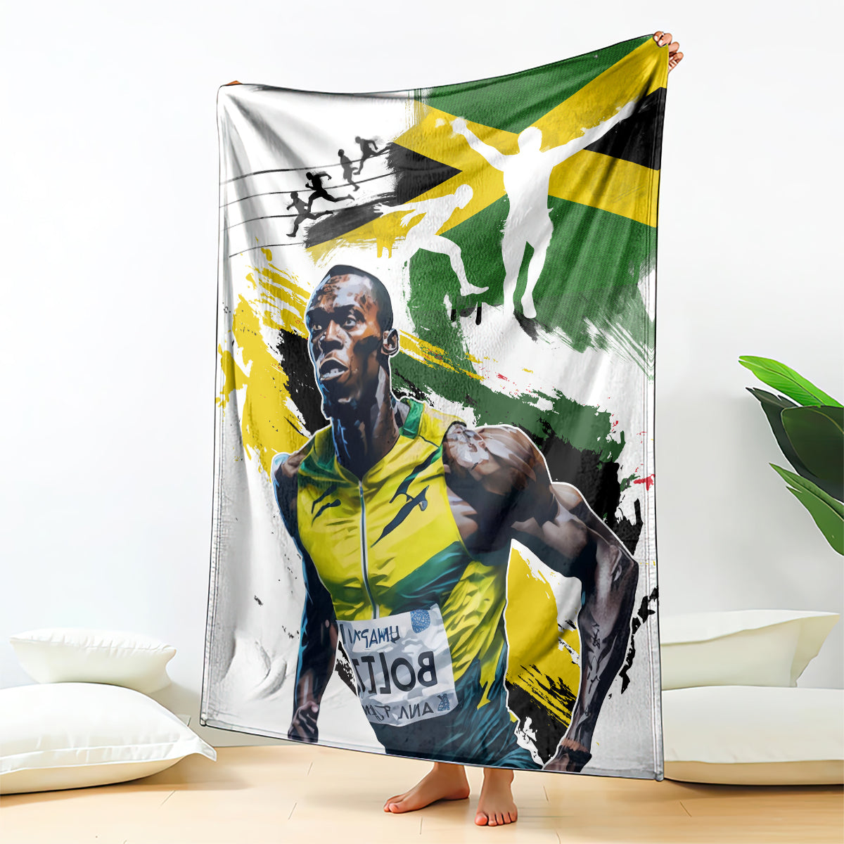 Jamaica blanket draped with white background and green/yellow athlete print